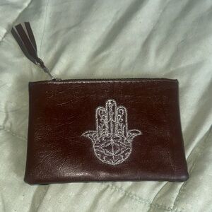 Brown Leather Pouch with Silver Hamza Embroidery
